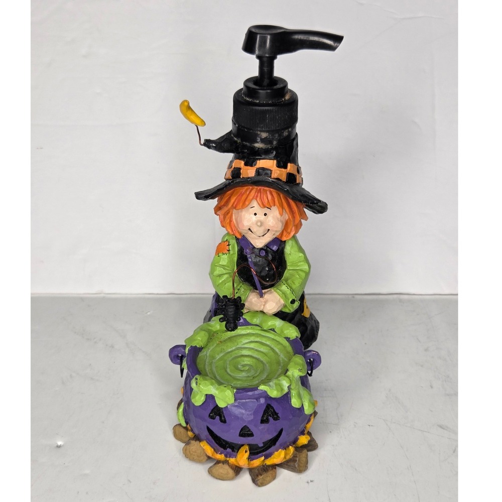 VTG Halloween Witch Cauldron Soap Dispenser Resin Figurine Purple Jack-O-Lantern